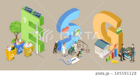 3D Isometric Flat Vector Conceptual Illustration of ESG as Environmental, Social and Governance 105591128
