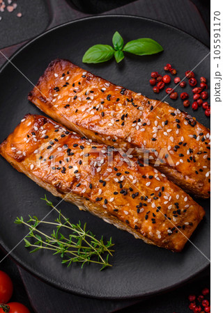 Delicious fresh grilled red fish with salt, spices and herbs Delicious fresh grilled red fish with salt, spices and herbs 105591170