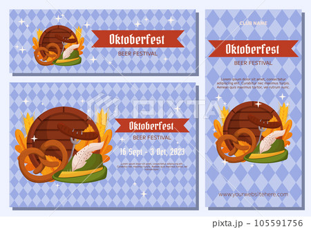 Oktoberfest German beer festival background, vertical and horizontal banner collection. Design with Tyrolean hat, fork with grilled sausage, pretzel, wooden barrel, wheat and leaves. Light blue 105591756