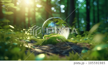 Transparent crystal sphere in a green forest filled with sunlight. Grass and trees are reflected in the glass globe. Protection of water resources concept. Environmental care. Earth Day. 3D rendering. Transparent crystal sphere in a green forest filled with sunlight. Grass and trees are reflected in the glass globe. Protection of water resources concept. Environmental care. Earth Day. 3D rendering. 105591985