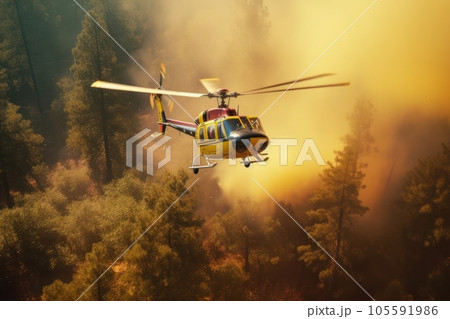 Rescue helicopter extinguishes a forest fire by dropping a large amount of water on a burning coniferous forest. Saving forests, fighting forest fires. Aerial view. 3D rendering. Rescue helicopter extinguishes a forest fire by dropping a large amount of water on a burning coniferous forest. Saving forests, fighting forest fires. Aerial view. 3D rendering. 105591986