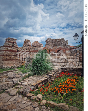 Byzantine fortress ruins of the ancient Thracian settlement Mesembria. The old town of Nessebar on the Black Sea coast, UNESCO world heritage, Burgas Region, Bulgaria 105592040