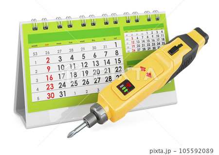 Cordless Screwdriver, Electric Screw Driver with desk calendar, 3D rendering 105592089