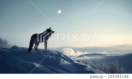 A solitary wolf standing on a snowy hill, howling at the full moon in the clear sky above - Generative AI 105593148