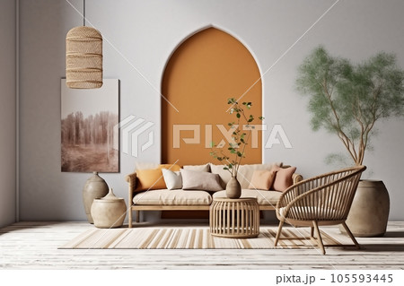 interior design, Boho cozy living room design, bright wall mockup 105593445