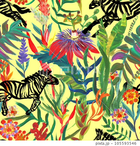 Seamless pattern with running zebras and bright tropical flowers drawn in a painterly style  105593546