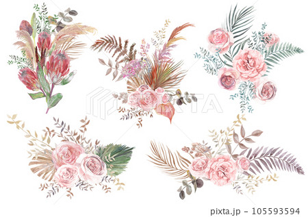 Collection of watercolor bouquets with pink rose flowers and dry palm leaves herbarium in boho style isolated Collection of watercolor bouquets with pink rose flowers and dry palm leaves herbarium in boho style isolated 105593594