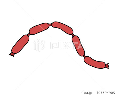 Sausages vector doodle element isolated. Outline illustration of traditional few sausages together. Meat semi finished food. Hand drawn cute colorful doodles 105594905