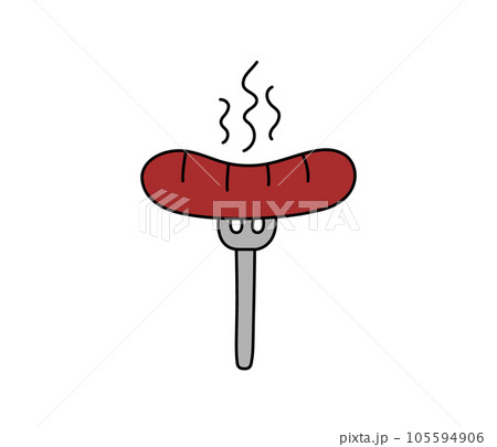 Hot sausage on fork vector isolated doodle element. Outline illustration of meat food. Hand drawn cute colorful doodles. 105594906