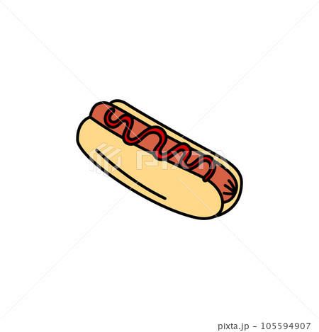 Hot Dog vector doodle element isolated. Outline illustration of traditional fast food meal. Hand drawn cute colorful doodles 105594907