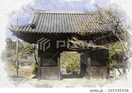 水彩画風　明王院　仁王門　岡山県浅口市 105595436