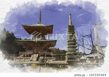 水彩画風　明王院　多宝塔　岡山県浅口市 105595464