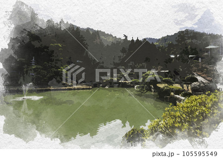 水彩画風　明王院　放生池　岡山県浅口市 105595549