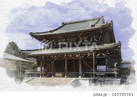 水彩画風　明王院　本堂　岡山県浅口市 105595561