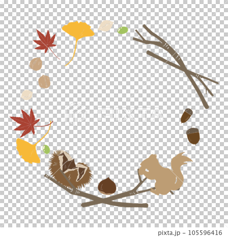 紅葉と木の実、リスの秋らしいフレーム素材 紅葉と木の実、リスの秋らしいフレーム素材 105596416