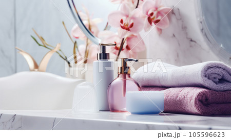 Bathing products in bathroom and spa shampoo with shower gel for cosmetics, by AI Generative. 105596623