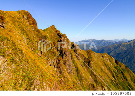 秋山登山・紅葉シーズンの谷川岳西黒尾根から見た山頂 秋山登山・紅葉シーズンの谷川岳西黒尾根から見た山頂 105597602