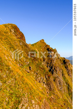 秋山登山・紅葉シーズンの谷川岳西黒尾根から見た山頂 105597603