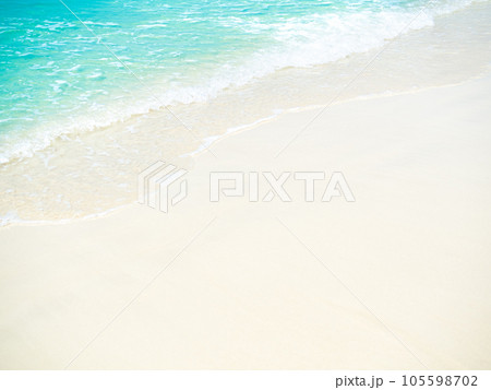 Beach Sand Wave Sea Ocean Background, Blue Water Summer Tropical Seaside, White Foam Calm Shore on Sandy at Coast, Island Landscape Sun Day. 105598702