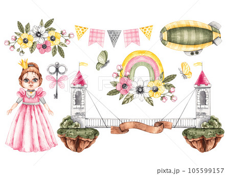 Watercolor hand drawn paper doll princess 105599157