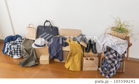 服やダンボール箱で散らかった部屋 105599241
