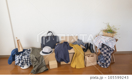 服やダンボール箱で散らかった部屋 服やダンボール箱で散らかった部屋 105599243