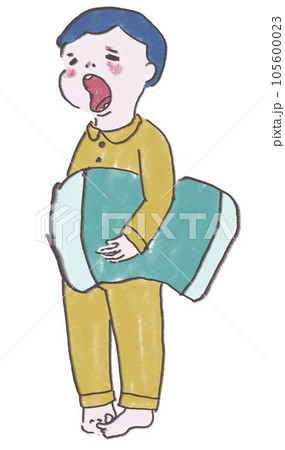 眠いので大あくびをする、枕を持った男の子 105600023