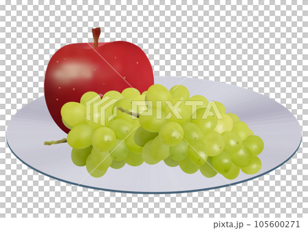 “蘋果”和“兩串葡萄”盛在鋼盤上的陽光麝香葡萄酒 105600271