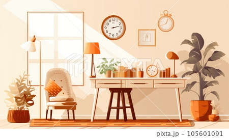 Sketch of elegant cozy boho style living room interior. Comfortable armchair with cushion, desk with chair, green plants in flower pots, wall and table decor. Bohemian chic. Mockup, 3D rendering. 105601091