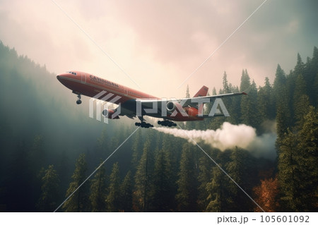 Rescue firefighting aircraft extinguishes forest fire by dumping water on burning pine forest. Side view of air tanker on the background of dense coniferous forest covered with smoke. 3D rendering. 105601092