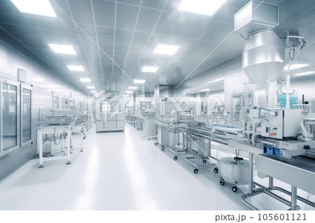 Contemporary drug production workshop interior. Spacy bright sterile room, facility with modern industrial machinery. Manufacturing process: pharmaceutics, semiconductors, biotechnology. 3D rendering. 105601121
