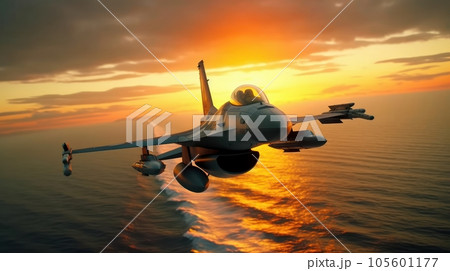 F-16 air force fighter flying over the ocean, beautiful sunset over horizon on the background. Jet military aircraft patrols territory, makes a training flight. Close up aerial view. 3D rendering. F-16 air force fighter flying over the ocean, beautiful sunset over horizon on the background. Jet military aircraft patrols territory, makes a training flight. Close up aerial view. 3D rendering. 105601177