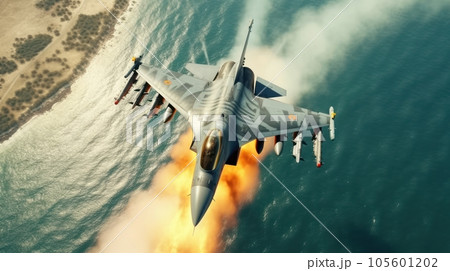 F-16 air force fighter flying over the sea at super low altitude. Jet military aircraft launching missiles, makes a training flight. Closeup top view. 3D rendering. F-16 air force fighter flying over the sea at super low altitude. Jet military aircraft launching missiles, makes a training flight. Closeup top view. 3D rendering. 105601202