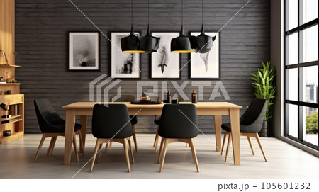 Stylish open space dining room interior in a modern apartment. Wooden table with design chairs, tableware, plant in floor pot, home decor, posters on the wall. Mockup, 3D rendering. Stylish open space dining room interior in a modern apartment. Wooden table with design chairs, tableware, plant in floor pot, home decor, posters on the wall. Mockup, 3D rendering. 105601232