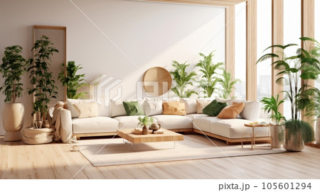 Cozy elegant minimalist living room interior in natural colors. Comfortable corner couch with cushions, many houseplants, wooden coffee table, rug on the floor, home decor. 3D rendering. Cozy elegant minimalist living room interior in natural colors. Comfortable corner couch with cushions, many houseplants, wooden coffee table, rug on the floor, home decor. 3D rendering. 105601294