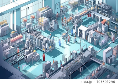 3D mockup illustration of contemporary high-tech production workshop. Facility with modern industrial machinery and conveyors. Manufacturing process: pharmaceutics, semiconductors, biotechnology. 105601296