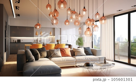 Several glass globe-shaped pendant lights above a sofa in a cozy living room. Elegant modern interior design with an emphasis on lighting. Mockup, 3D rendering. 105601301