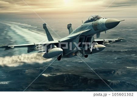 Air force fighter flying over the ocean, beautiful sunset on the background. Jet military aircraft patrols territory, makes a training flight. Close up aerial view. 3D rendering. 105601302