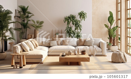 Cozy elegant minimalist living room interior in natural colors. Comfortable corner couch with cushions, many houseplants, wooden coffee table, rug on the floor, home decor. 3D rendering. 105601317