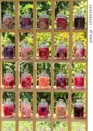 棚に飾られた色とりどりのハーバリウム 105601641