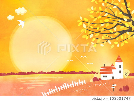 秋の夕日と海辺の家の風景 夕方のノスタルジックな水彩背景イラストの