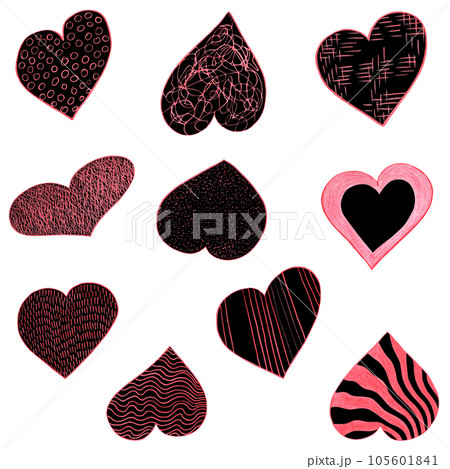 Set of Black and Red Hearts Drawn by Colored Pencil. The Sign of World Heart Day. Symbol of Valentines Day. Heart Shape Isolated on White Background. 105601841
