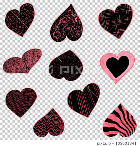 Set of Black and Red Hearts Drawn by Colored Pencil. The Sign of World Heart Day. Symbol of Valentines Day. Heart Shape Isolated on White Background. 105601841