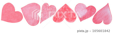 Set of Red Hearts Drawn by Colored Pencil. The Sign of World Heart Day. Symbol of Valentines Day. Heart Shape Isolated on White Background. 105601842
