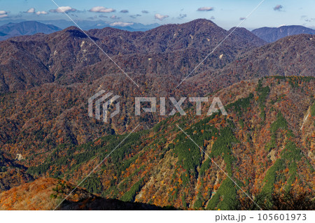 丹沢山地・塔ノ岳から見る晩秋の檜洞丸と南アルプス 105601973