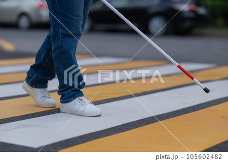 Close-up of the legs of a blind woman crossing the road at a crosswalk with a cane.  105602482