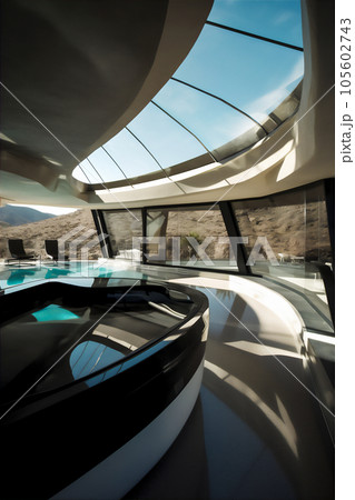 Sleek modern interior with huge windows and bright surfaces. AI generative image 105602743