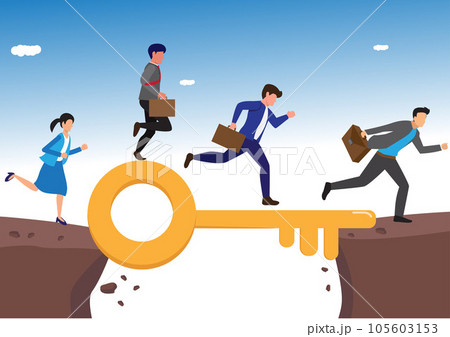 Key success, solution to solve problem and overcome obstacle, link or connect bridge to help achieve success, resolution method or resolve concept, business people walk on key success cross the gap. Key success, solution to solve problem and overcome obstacle, link or connect bridge to help achieve success, resolution method or resolve concept, business people walk on key success cross the gap. 105603153