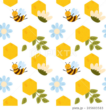 Vector honey bee seamless pattern. Bee floral yellow repeat background in cute childish style. Vector honey bee seamless pattern. Bee floral yellow repeat background in cute childish style. 105603583