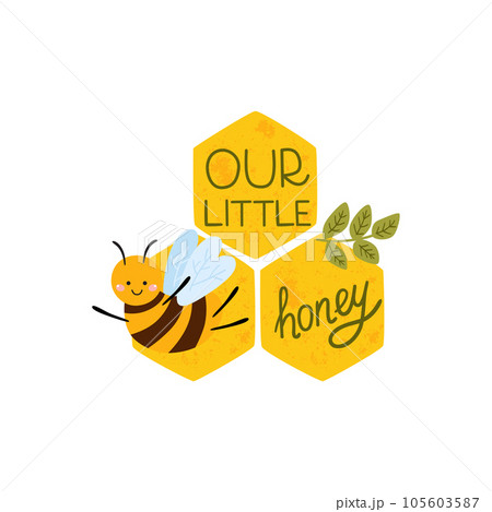 Cute bee Baby shower decorative element for kids birthday card with text Our little honey, flowers. Sweet vector illustration Cute bee Baby shower decorative element for kids birthday card with text Our little honey, flowers. Sweet vector illustration 105603587